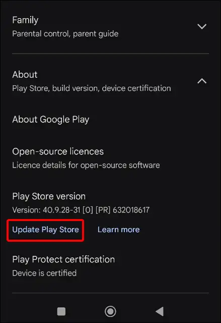 google play store version update