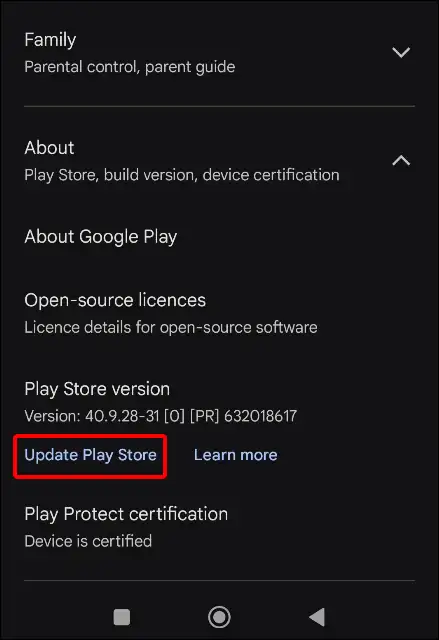 update google play store