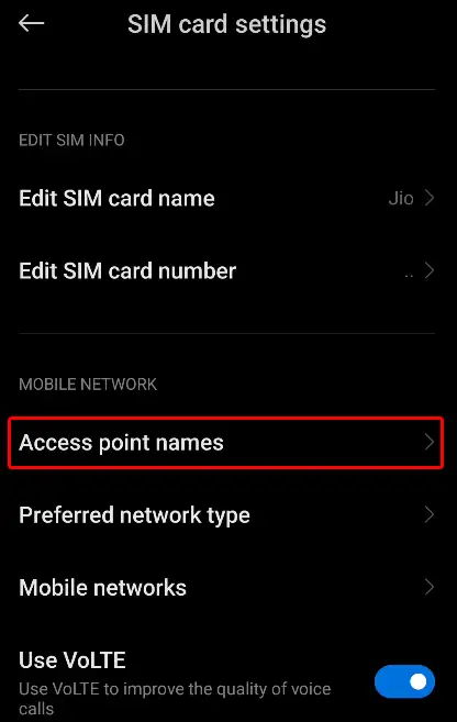 sim card access point names
