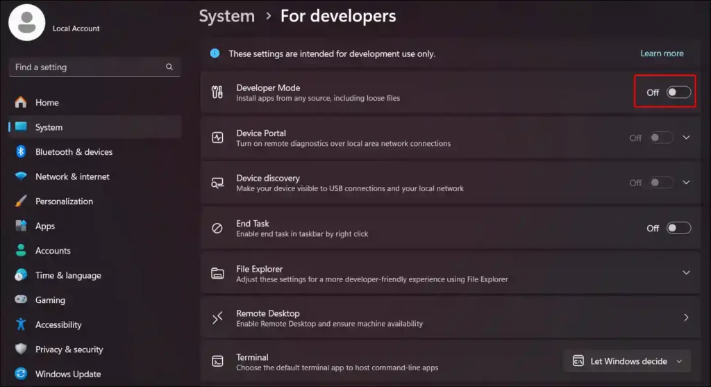 turn off developer mode on Windows 11