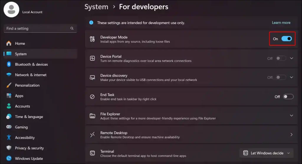 turn on developer mode on Windows 11