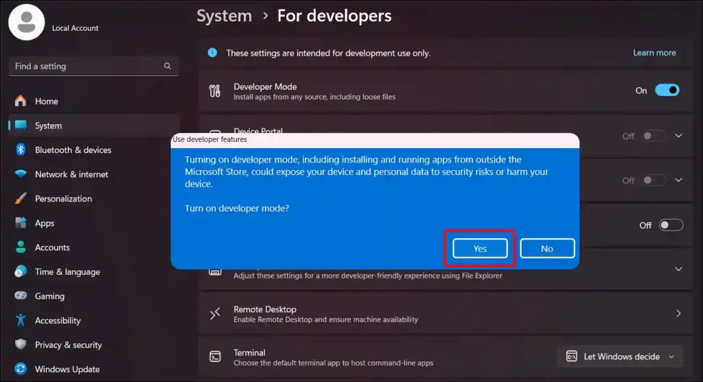 turn on developer mode windows 11
