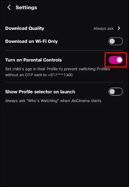 turn on parental controls jio cinema