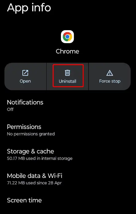 uninstall chrome from android settings