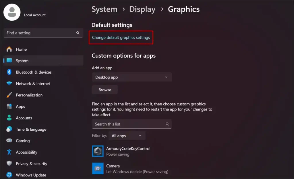 windows 11 graphics change default graphics settings