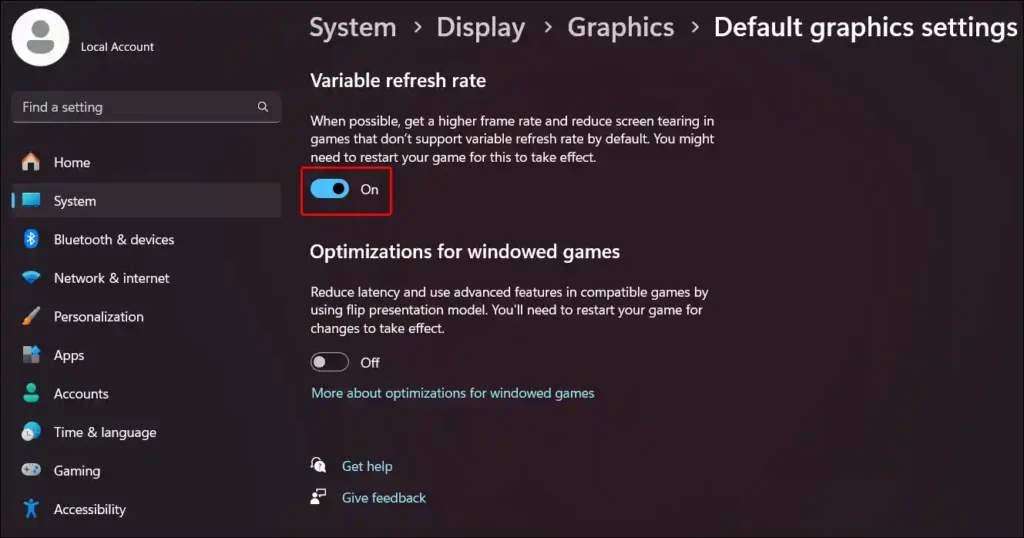 windows 11 variable refresh rate turn off