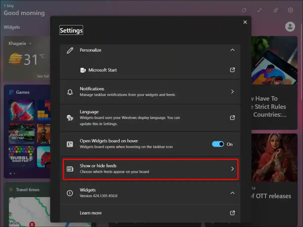 windows 11 widgets show or hide feeds