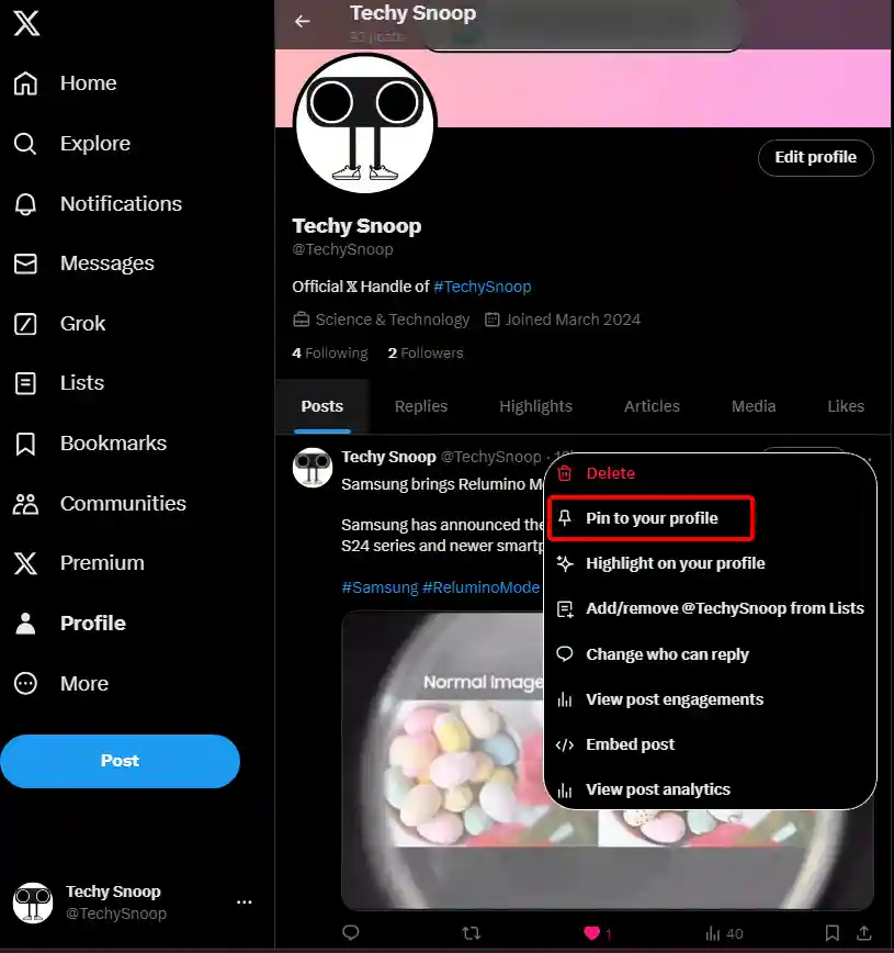 x twitter website pin to your profile