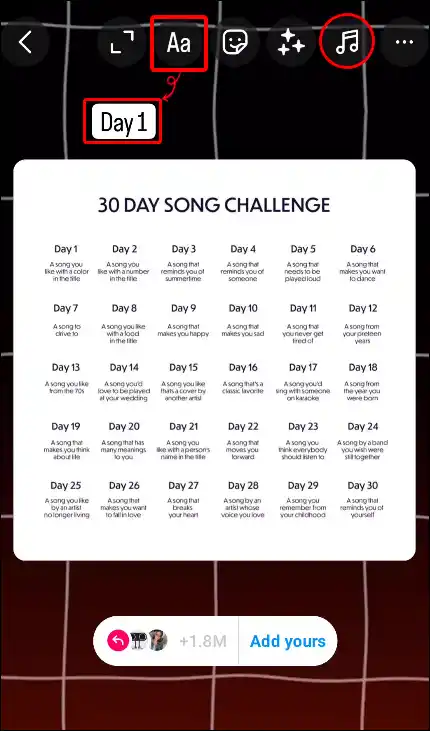 30 day song challenge instagram story add yours