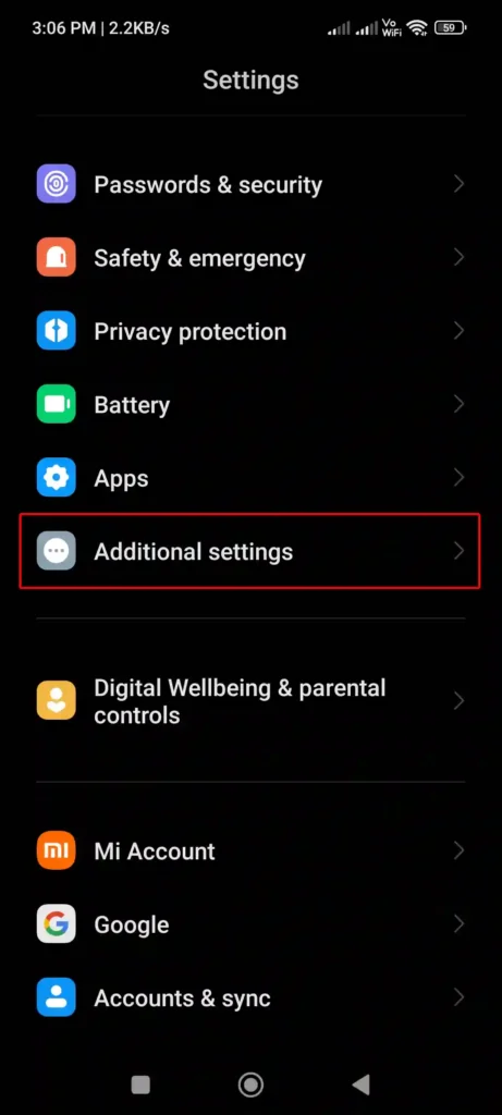 android additional settings