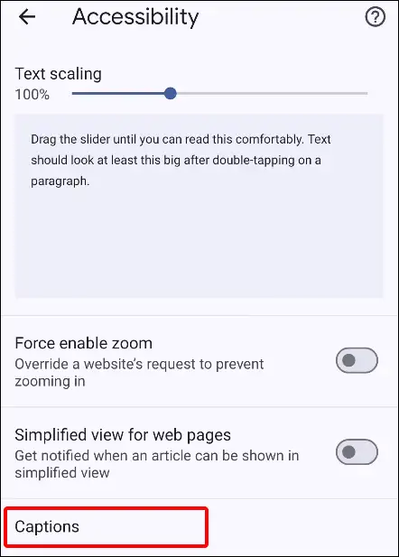 android chrome accessibility captions