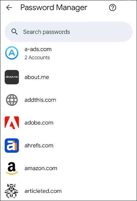 android chrome list of passwords