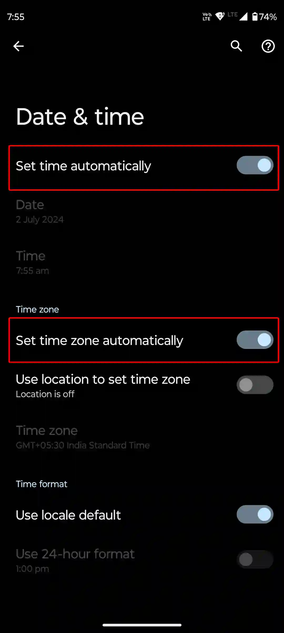 android date and time settings