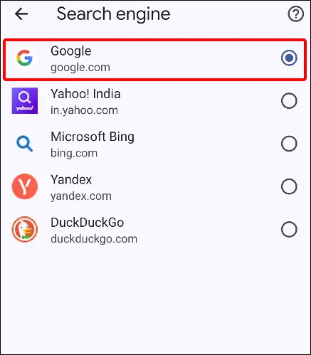 android google chrome search engine select