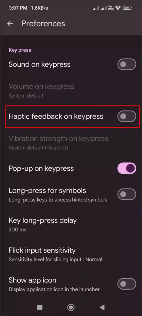 android haptic feedback on keypress turn off