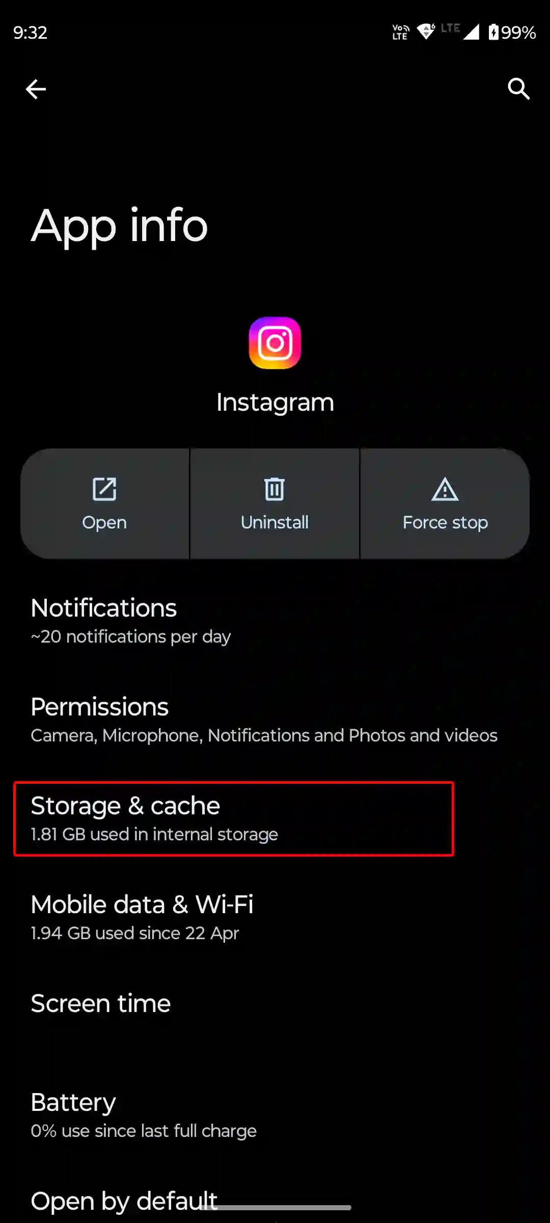 android instagram storage and cache