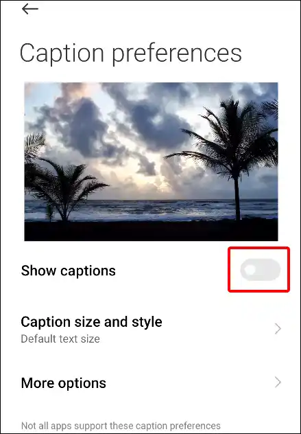 android turn off caption preferences