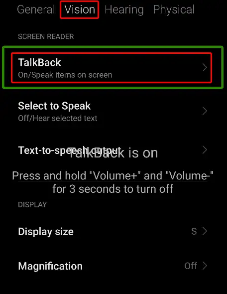 android vision settings talkback