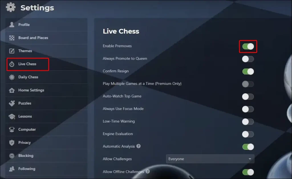 chess.com live chess enable premoves