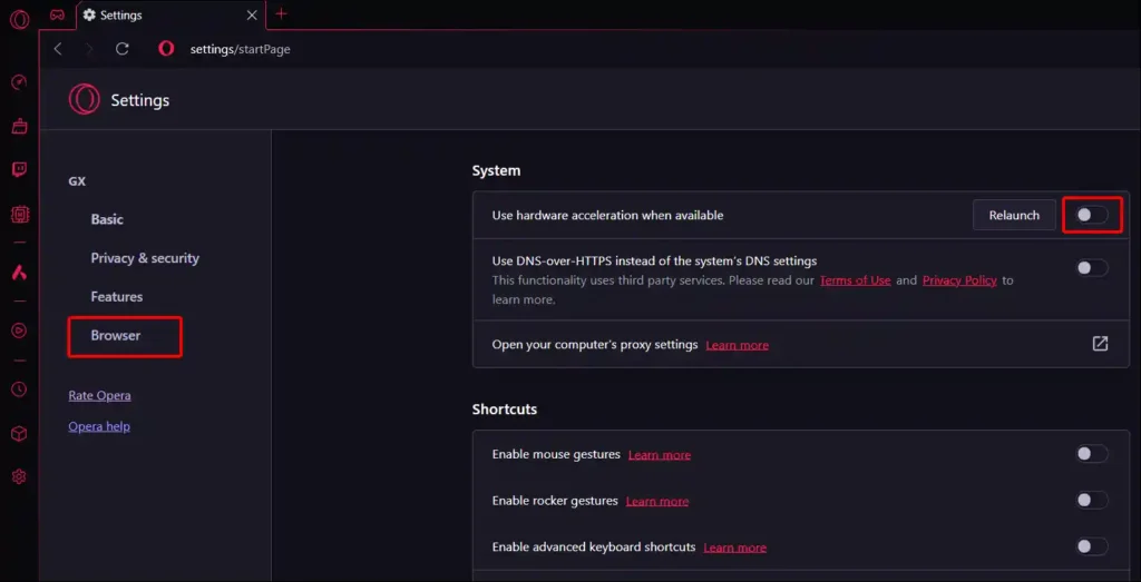 disable opera gx browser hardware acceleration