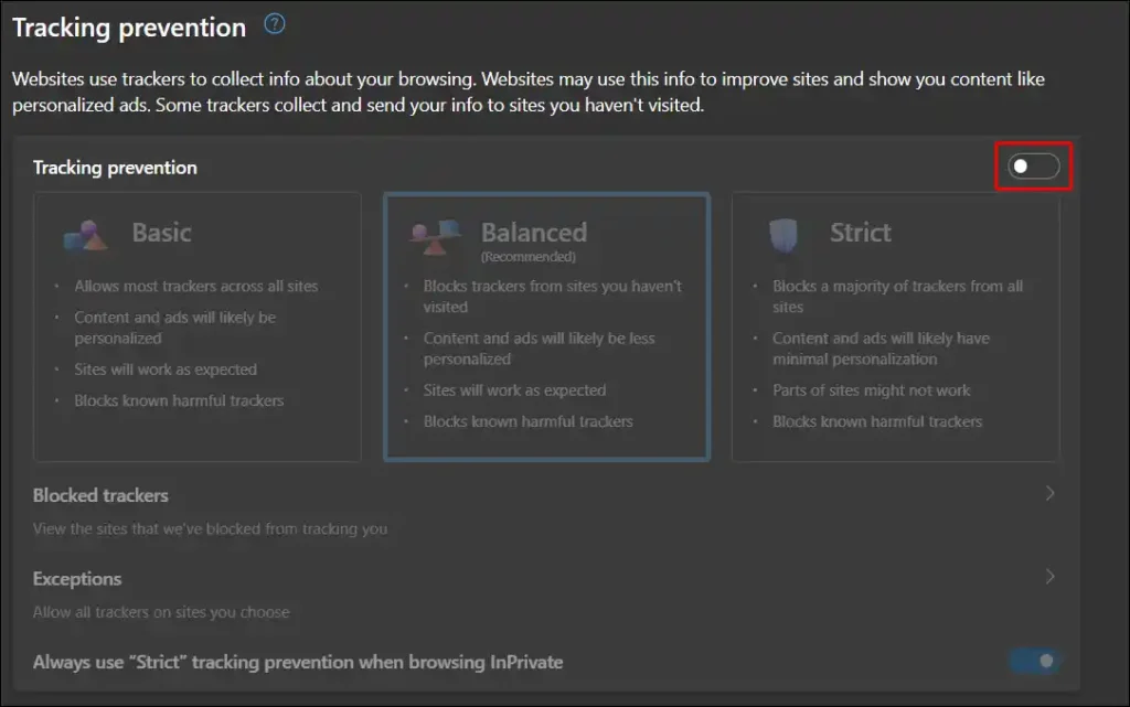 disable tracking prevention edge