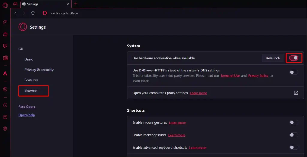 enable opera gx browser hardware acceleration