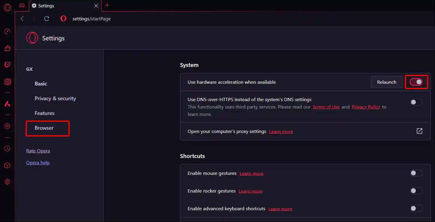 enable opera gx browser hardware acceleration