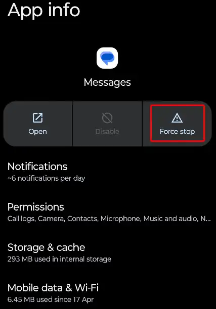 force stop google messages app