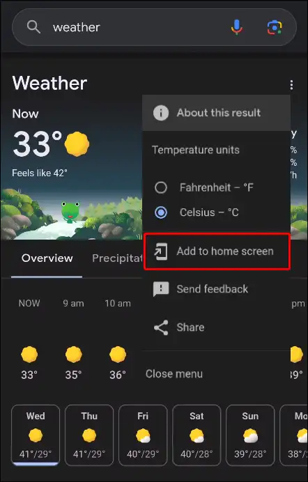 google weather app add to home screen