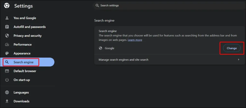 laptop chrome search engine change