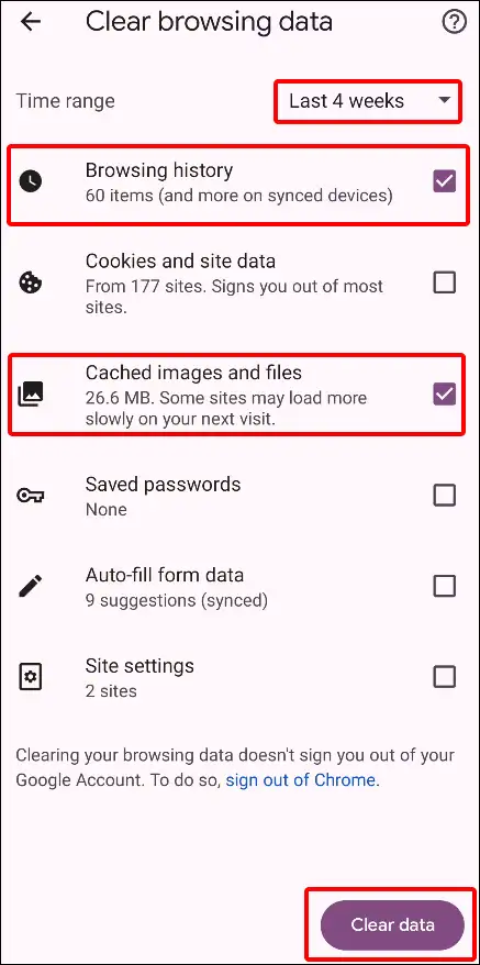 mobile chrome clear cache and data