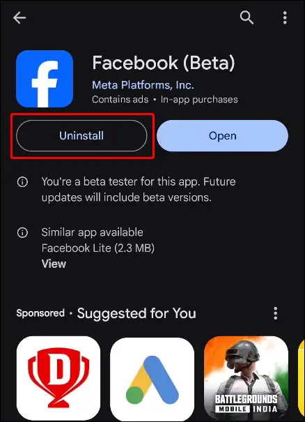 play store facebook app uninstall