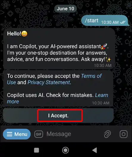 telegram app CopilotOfficialBot i accept