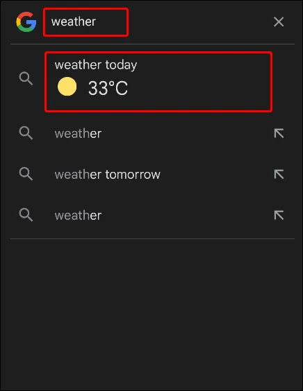 today weather search on google app