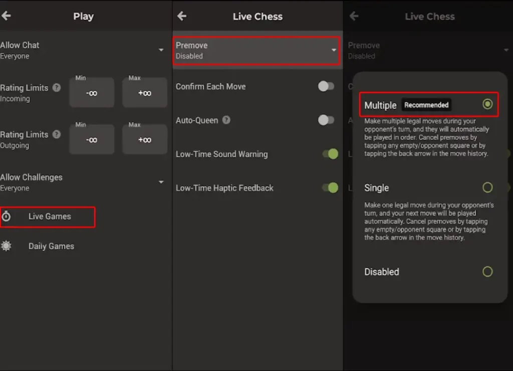 turn on Premoves on Chess app