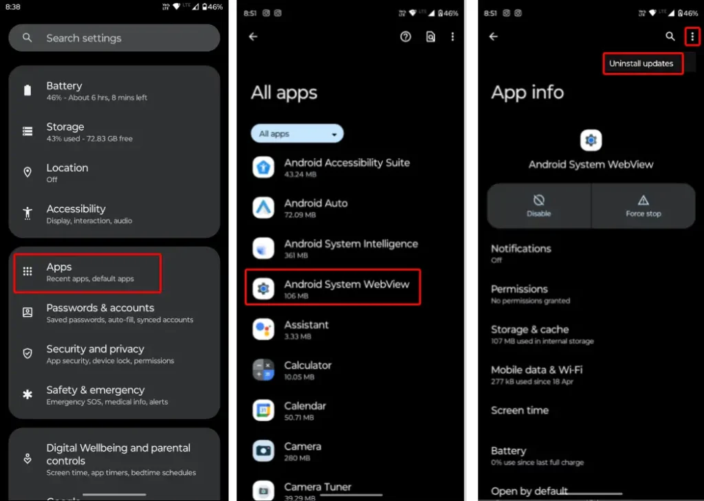 uninstall Android system WebView updates