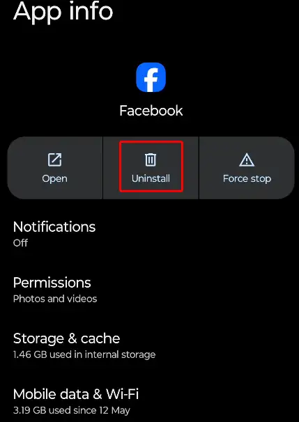 uninstall Facebook settings
