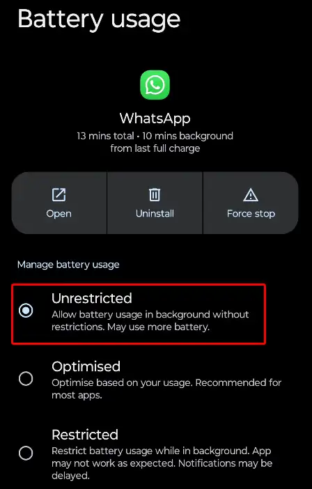 whatsapp battery usage unrestricted