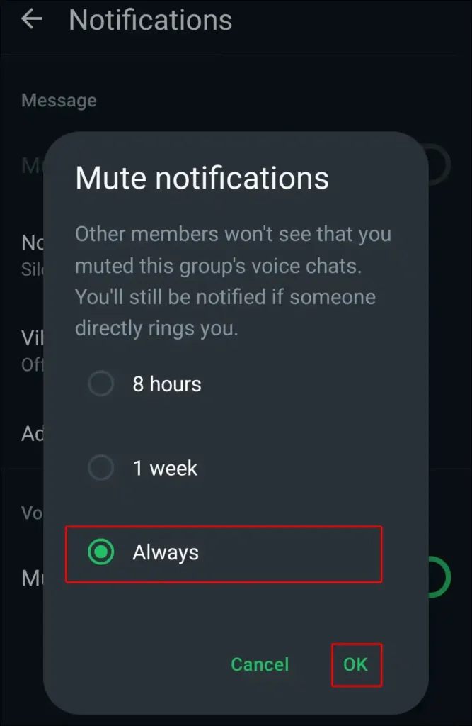 whatsapp group mute notifications always