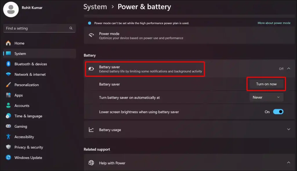 windows 11 battery save turn on