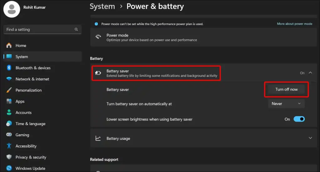 windows 11 battery saver turn off