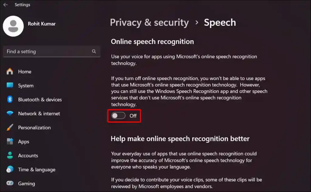windows 11 online speech recognition disable