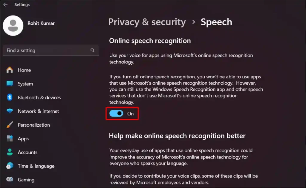 windows 11 online speech recognition enable