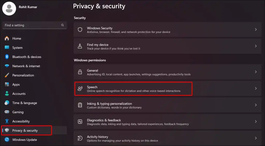 windows 11 privacy security speech settings