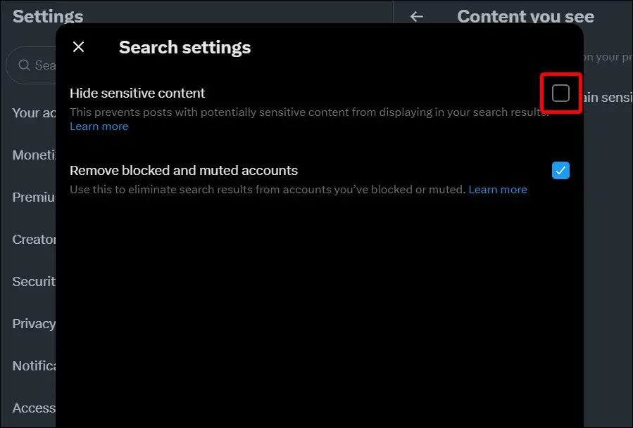 x twitter website disable hide sensitive content