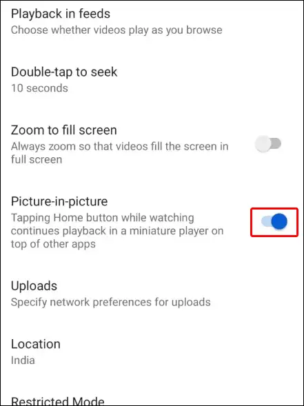 youtube app picture-in-picture enable