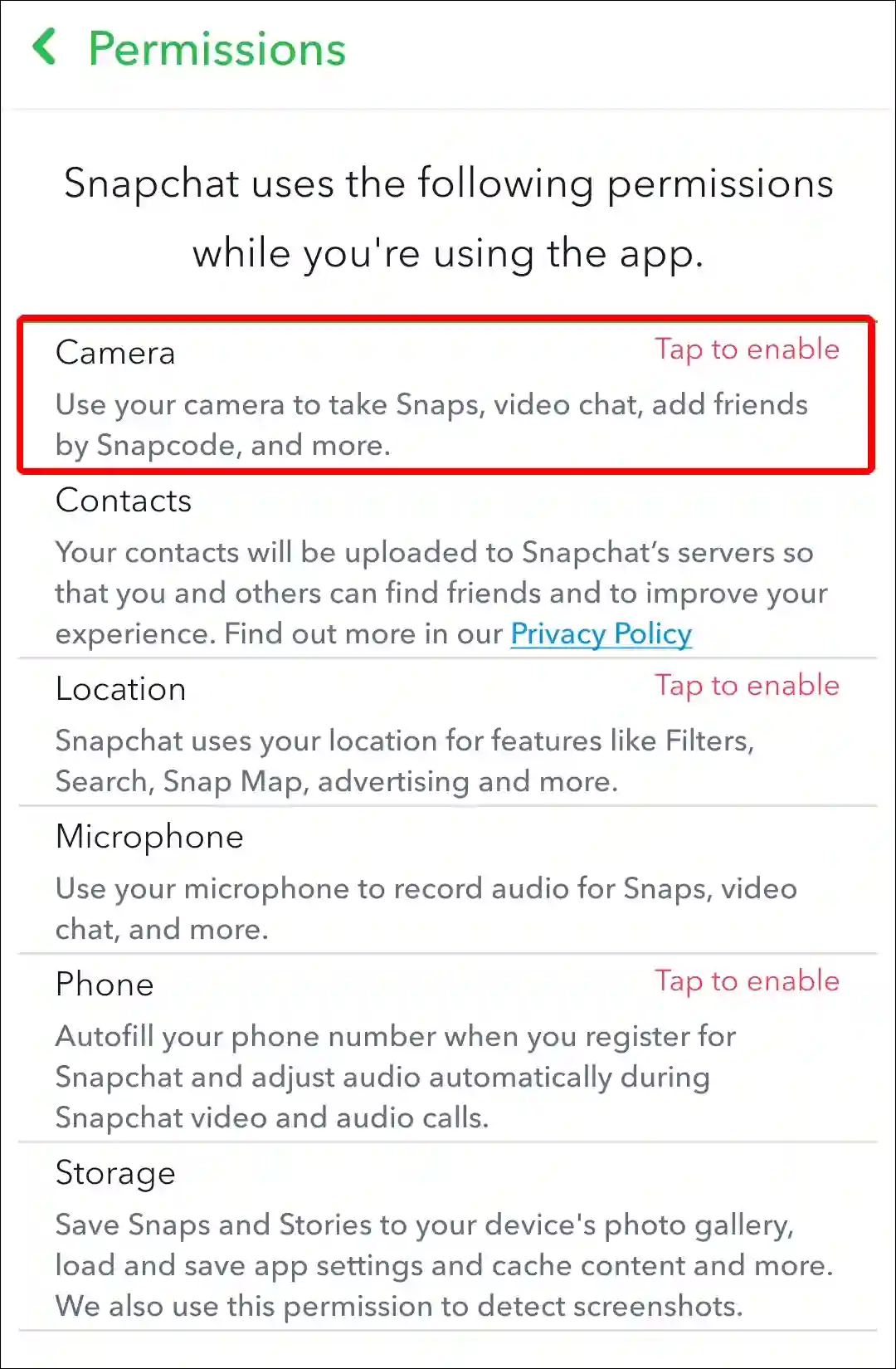 allow camera access from snapchat settings