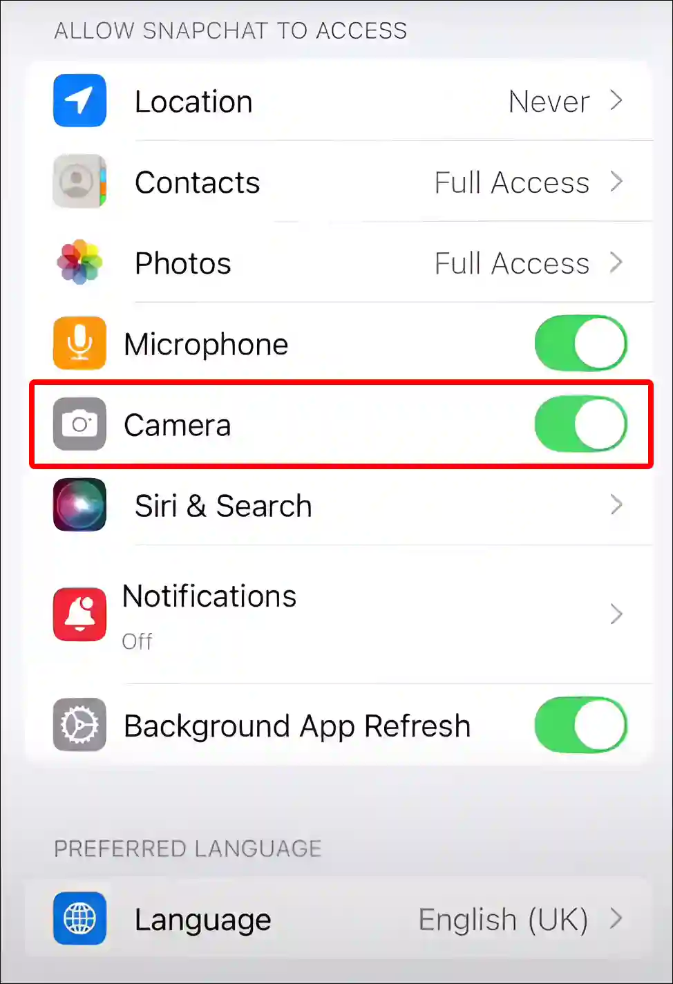 allow camera access on snapchat in iphone