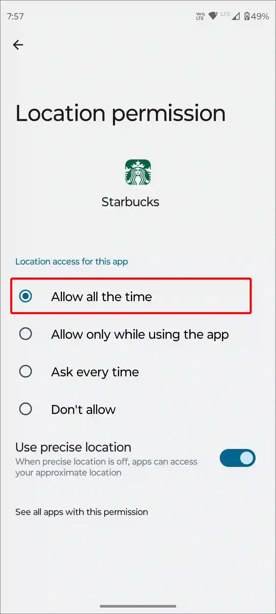 allow starbucks app location permissions android