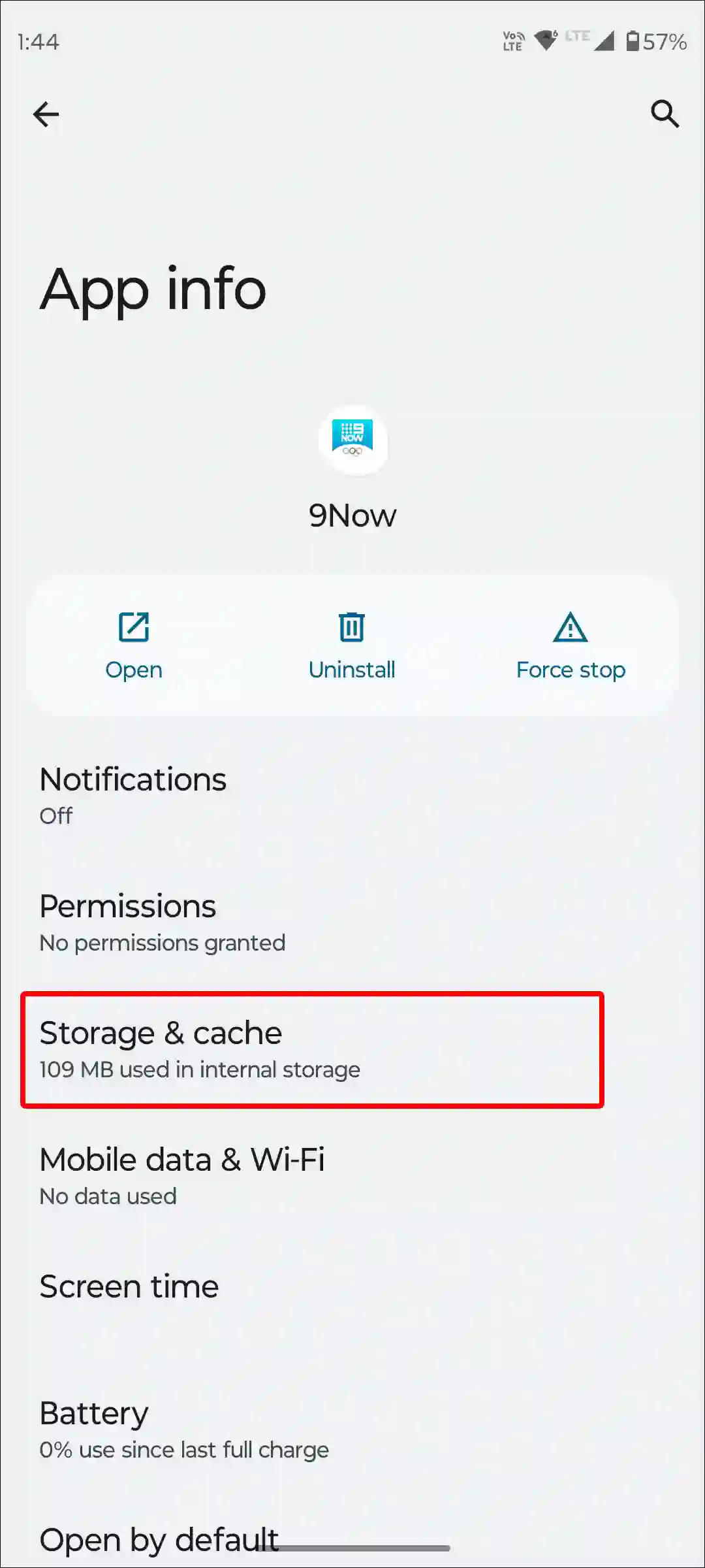 android 9now app storage and cache